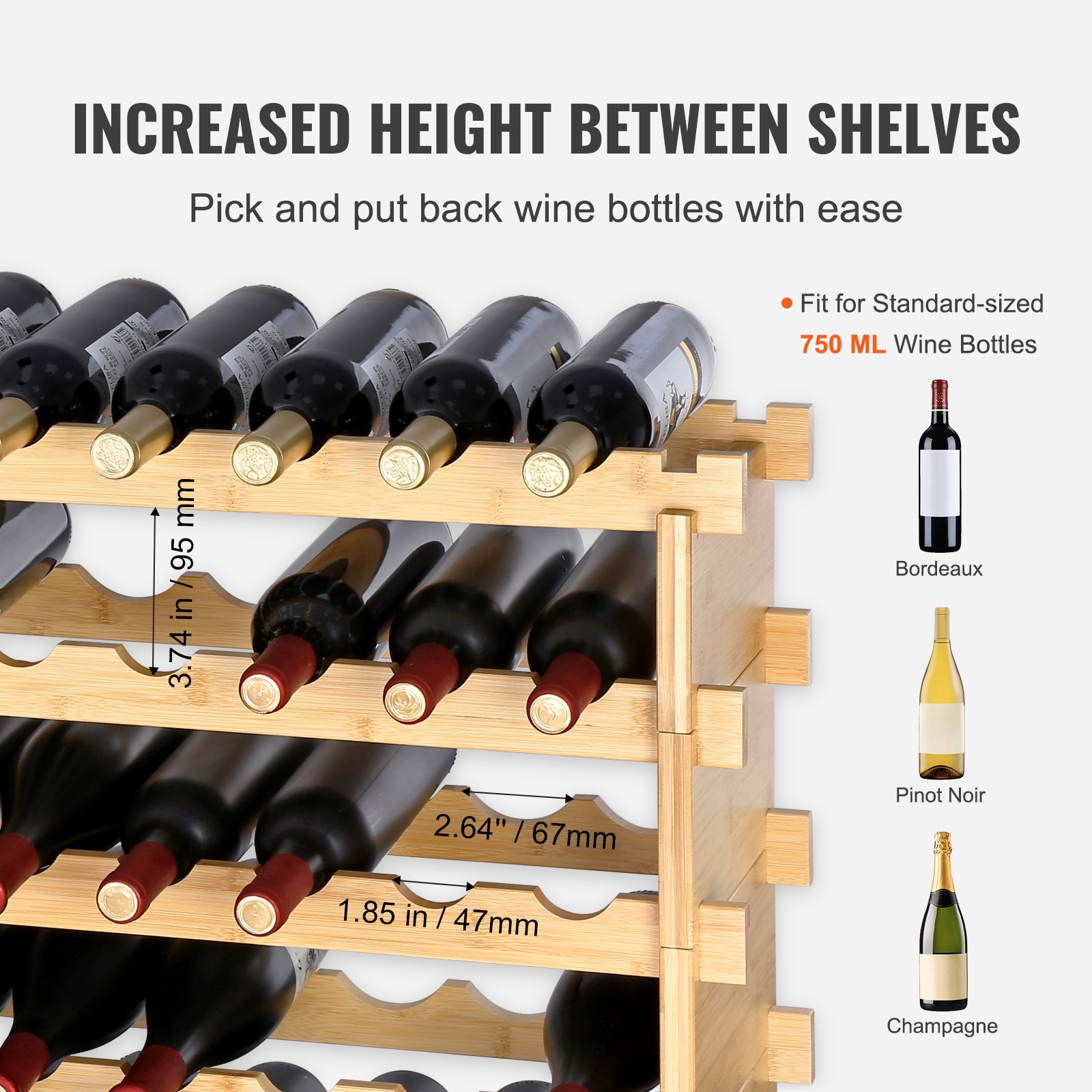 48 Bottle Stackable Modular Wine Rack Bamboo Wood Display Shelf 6-Tier_voghion.com